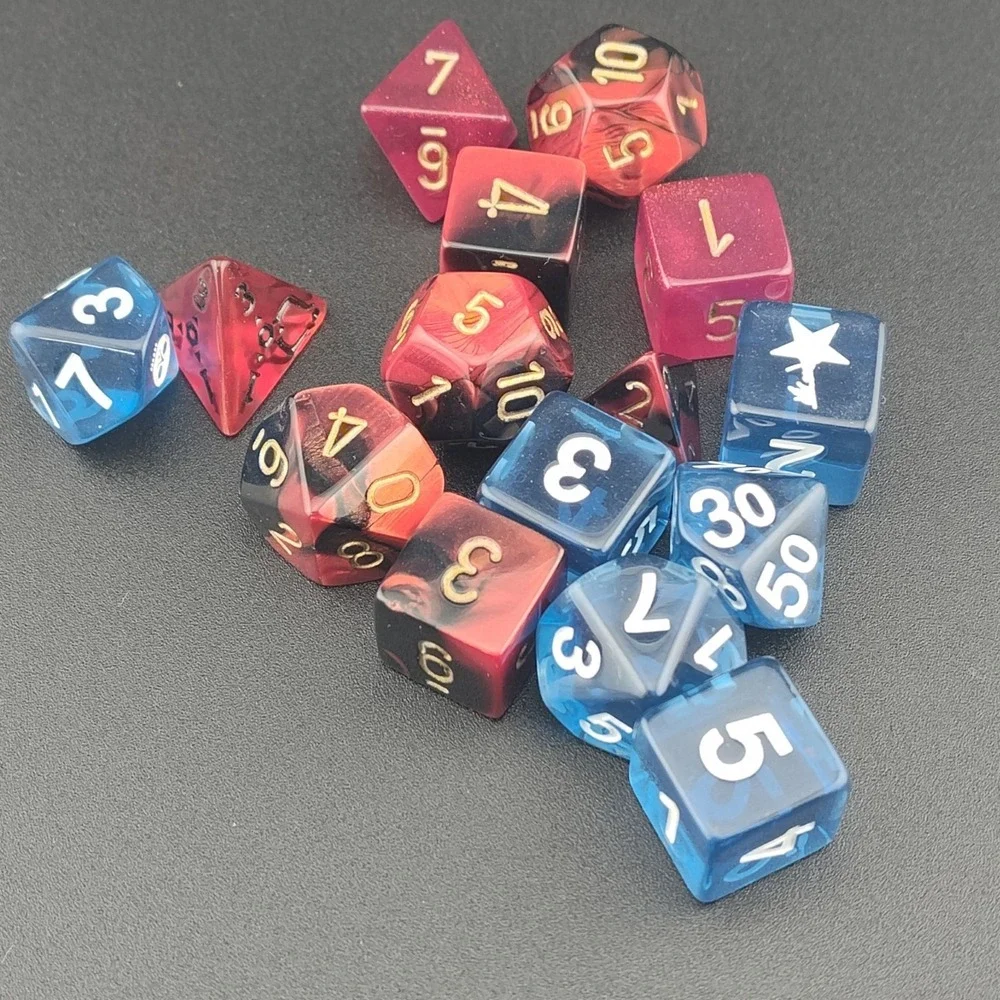 Chessex RPG dice mixed lot game play blue white gold black polyhedral triangle